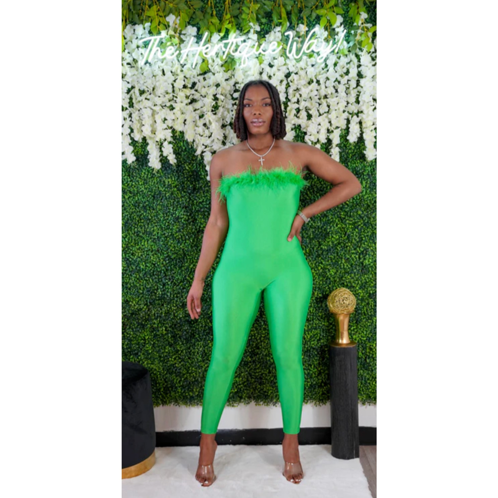 NWT Halfheart Green Feather Jumpsuit Size M - Picture 2 of 7